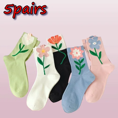 2024 New Fashion 5 Pair High QualityTulip Flower Socks For Women Mid-calf Socks Comfortable And Breathable Mid-calf Socks
