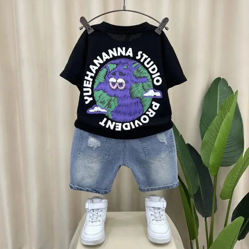 

Boys' Summer Set New Fashionable Thin Clothes Children's Fashionable Short Sleeve T-shirt Cowboy Shorts Two Piece Set
