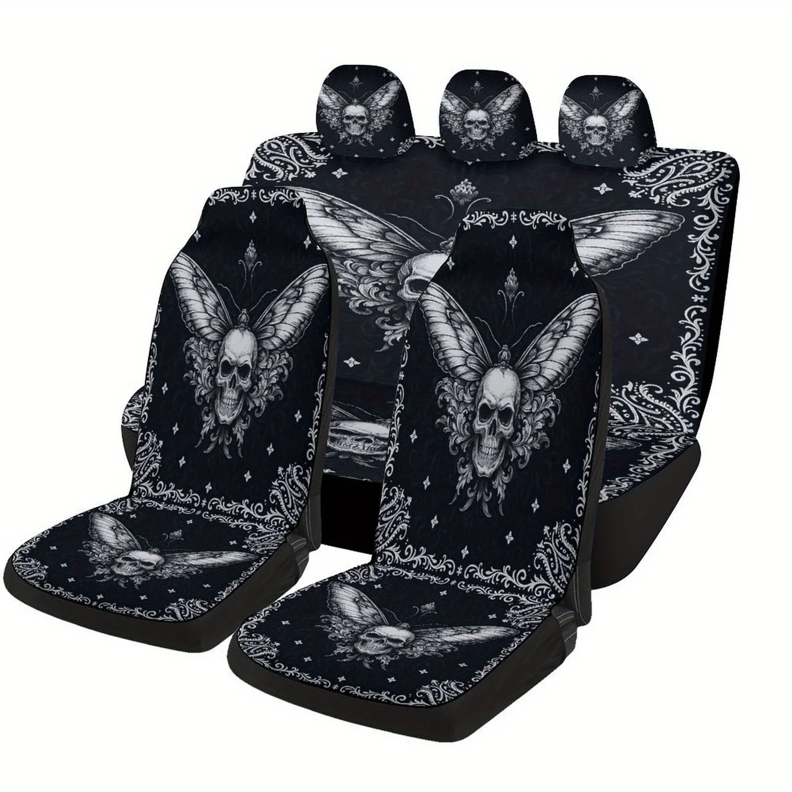 1 Set Gothic Black & White Skull & Bat Wing Car Seat Covers Full Set - Fit For Front & Rear Seats, Heavy-Duty, Machine Washable,