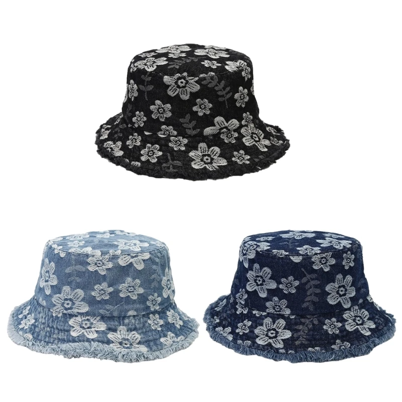 Embroidered Flower Bucket Hat Breathable Rough Selvedge Design Flower Wide Brim Bucket Hat Adult Summer Fisherman Cap