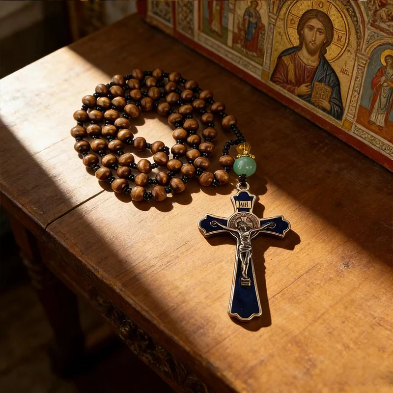 New Catholic Rosary Beads Brown Wooden Chotki With Blue Enamel St Benedict Crucifix And Green Jade