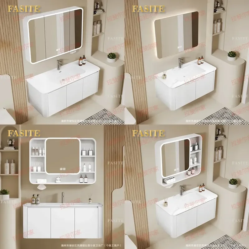 For Bathroom Moisture-proof Arc Cabinet with Ceramic Integrated Basin Smart Mirror Vanity Unit Wall Mounted Washbasin Combo