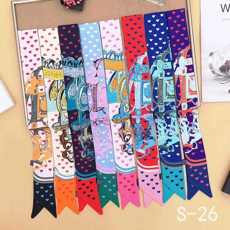 

Women Fashion Scarf Pink Heart Print Double Layer Twill Silk Ribbon Hair Tie Wrist Band Neck Accessory Bag Strap Decoration
