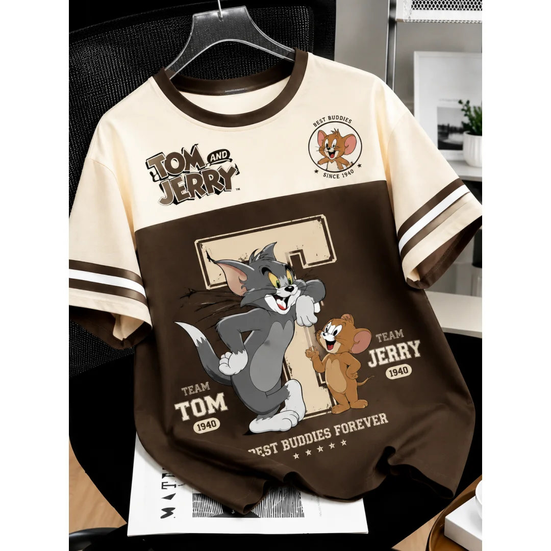 Tom And Jerry Vintage T-Shirt, Farbblock-Gestreiftes T-Shirt, Retro-Cartoon-Katze-Maus-Grafik, Lässige Streetwear-Oberteile für Männer, Frauen und Kinder – Detail 3