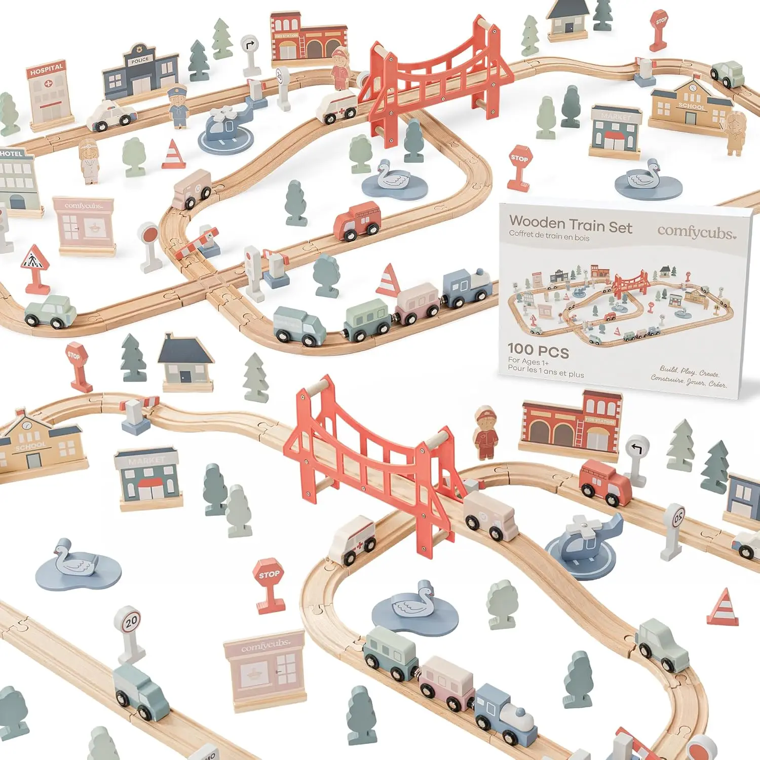 

100-Piece Wooden Train Set for Toddlers Ages 1+, Fun & Eco Friendly Toddler Train Set with Wooden Toy Tracks - Creative Toy Town