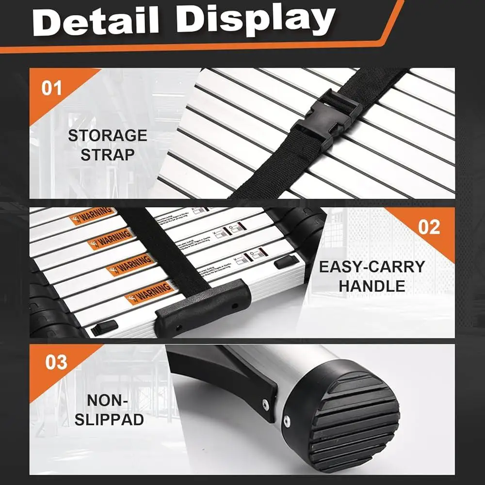 Telescoping Aluminum Ladder 10.5FT Button Retraction Extension Ladder with Triangle Stabilizers Multi-Purpose Folding Ladder