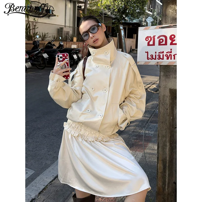 

Женская двубортная куртка Benuynffy с воротником-стойкой, весна 2026, новая коллекция, с карманами, длинными рукавами, свободного кроя, в уличном стиле, шикарная верхняя одежда