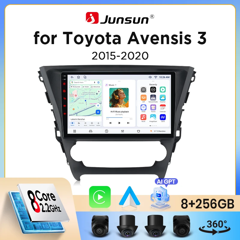 Image of Junsun Wireless CarPlay Android Auto Autoradio für Toyota Avensis Mk3 (T270 Facelift 2) 2015-2018 mit eingebautem Lüfter, Android GPS Navigation, Multimedia-Player, WiFi, DSP, RDS, BT, SWC, IPS