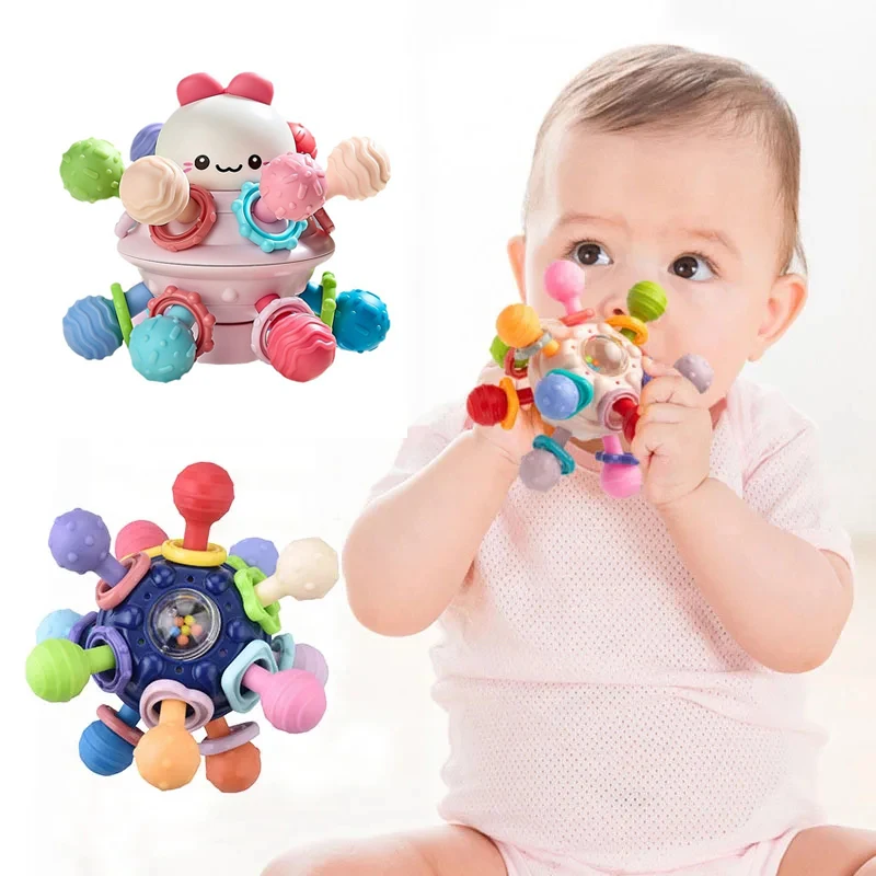 Silicone bola de dentição para bebês, chocalho rotativo, aperto, desenvolvimento sensorial brinquedos, 0-12 meses