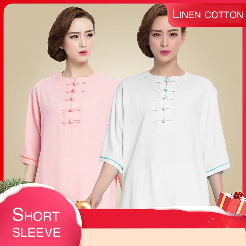 Short-Sleeve Tai Chi Uniform for Women, Summer Cotton and Linen Tai Chi Outfit, Lightweight Home Leisure Clothing