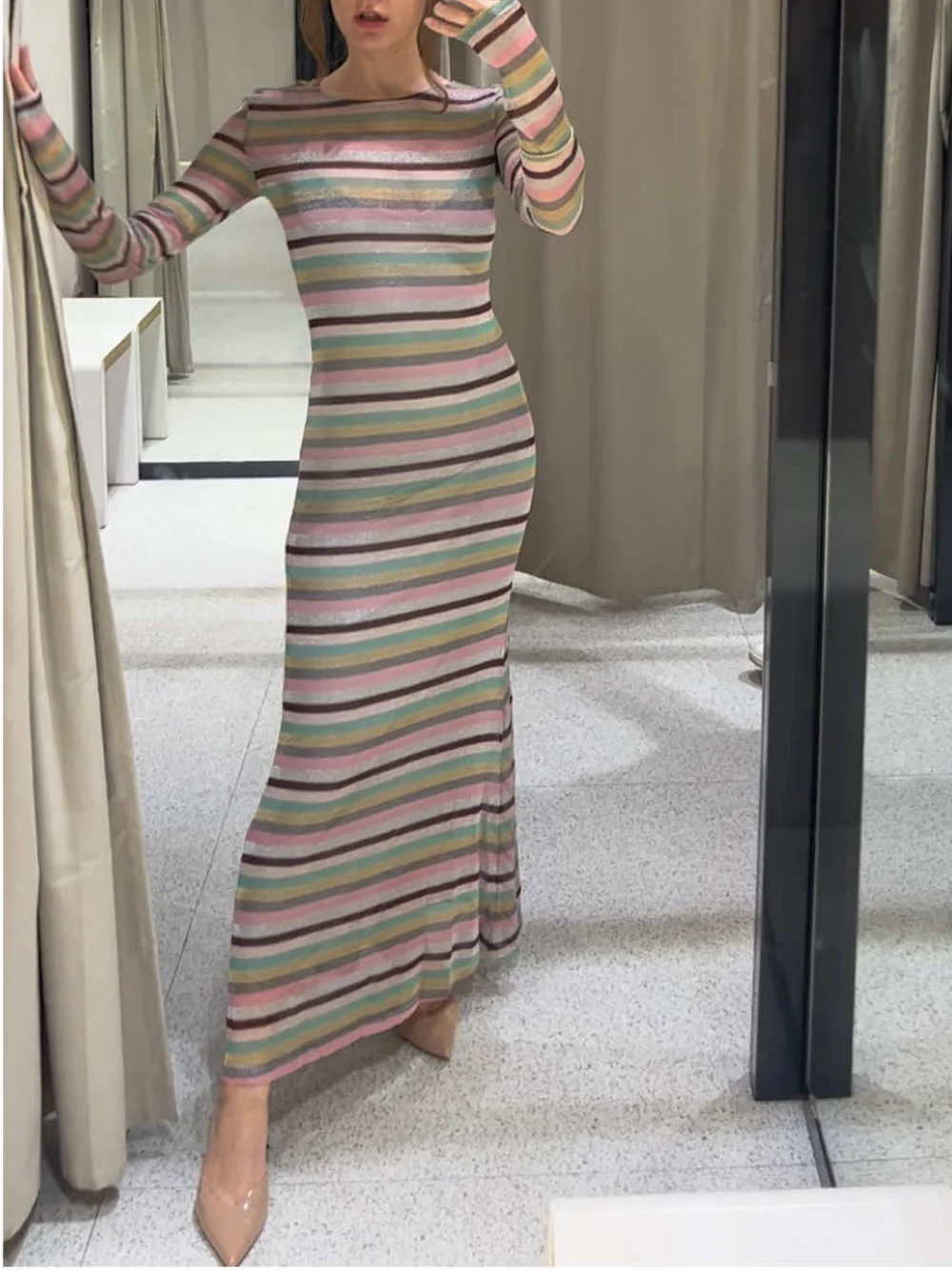 

European and American style autumn new fashion trend simple women's long-sleeved metallic line striped long dress