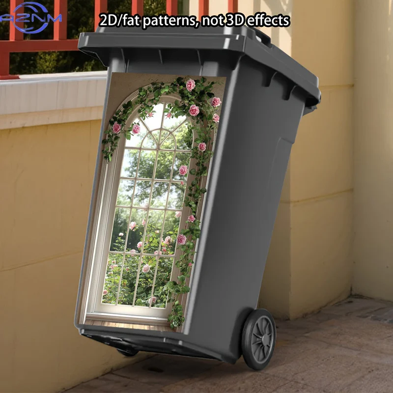 Garden View Trash Can Sticker | Climbing Roses And Pink Blooms Arched Window Decals, High-Glossy Polyvinyl, Self-Adhesive, Sui