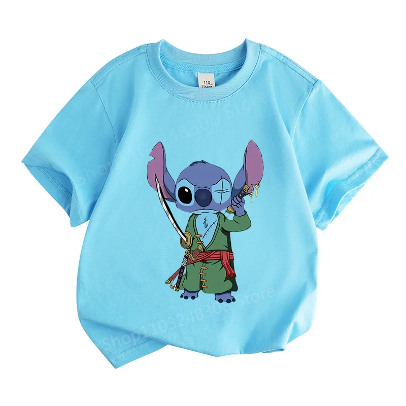 Stitch Clothing 100%Cotton Tops Round Neck Short Sleeve Clothes 2024 High Quality Summer T Shirt for Kid Clothing Bluey