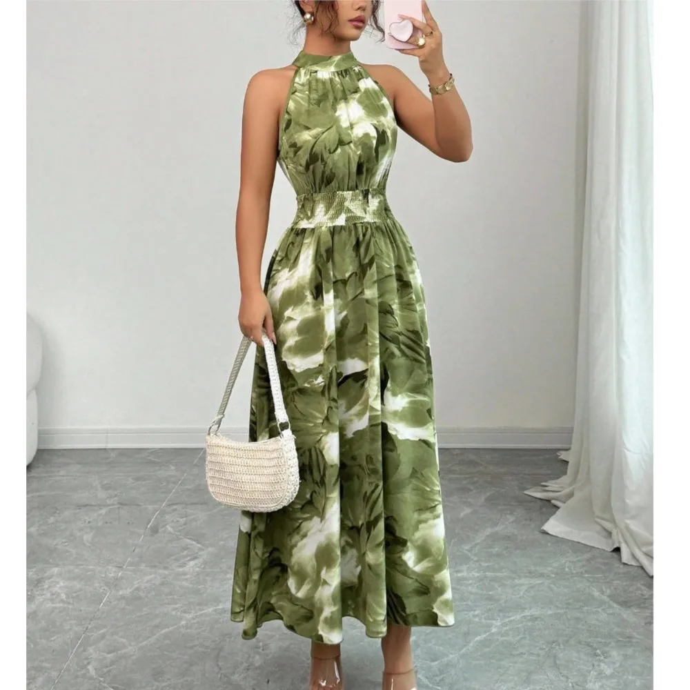 

Halterneck Sleeveless Ruffle Dress Women's Summer Fashion Printed Waist Casual Loose Long Dress Vestidos De Fiesta Elegantes