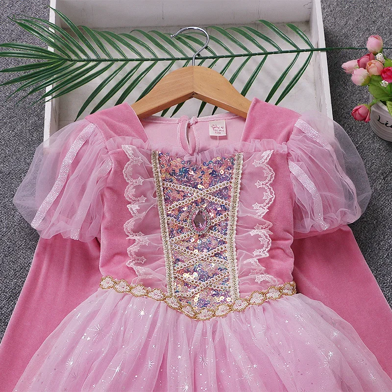 Princess Sophia Dress Autumn Winter Pink Girls' Birthday Party 2-10 Years Old Kids Velvet Long Sleeved Rapunzel Cosplay Clothing