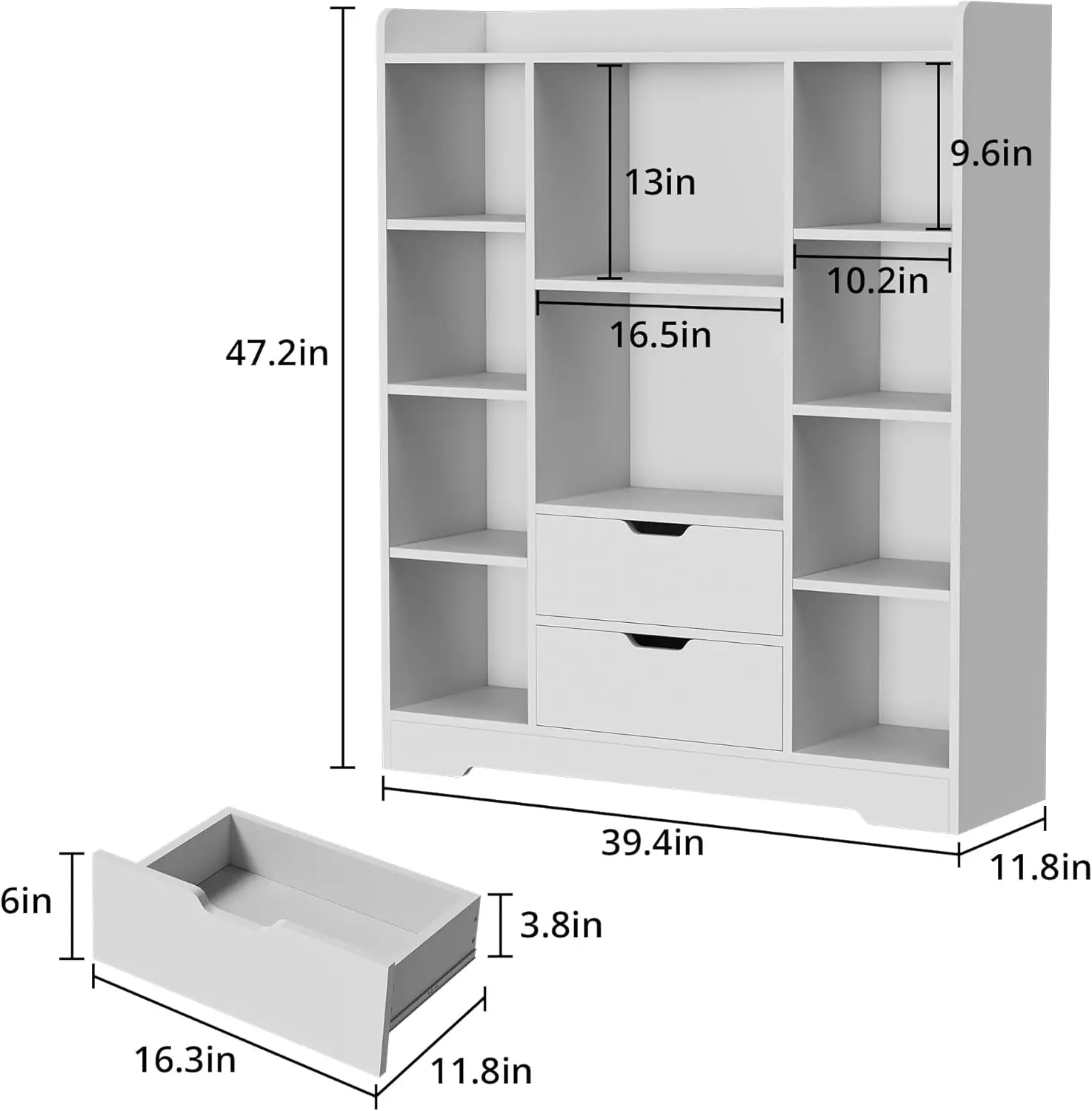 4-storey open bookshelf with 2 drawers and 10 cubes, wooden cube storage and organizing racks for bedroom and living room