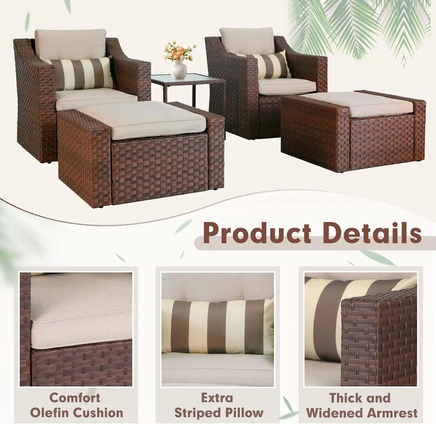 Vime Pátio Conversação Set, Lounge Chair e Otomano, Coffee Table e Almofadas, Outdoor