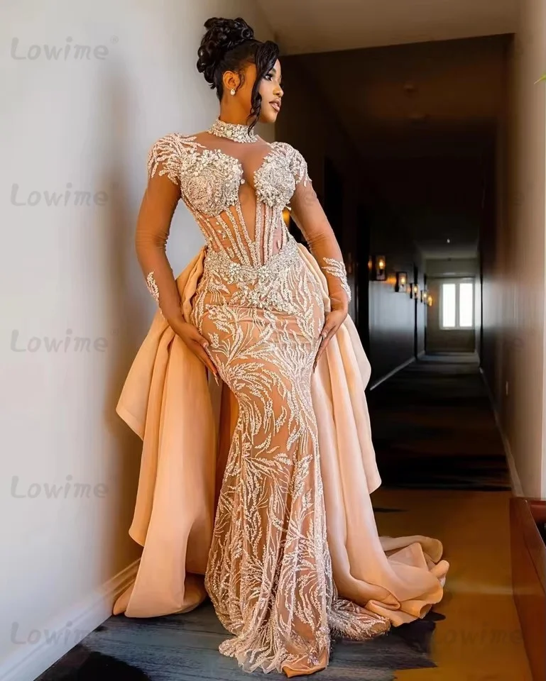 

Customized Long Sleeve Evening Dresses Plus Size Champagne Prom Dress African Mermaid Birthday Party Gowns With Detachable Train