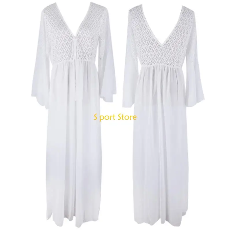 

U2JB Sexy Lace Beach Dress Swimsuit Cover Up Long Beach Tunics Long Sleeves