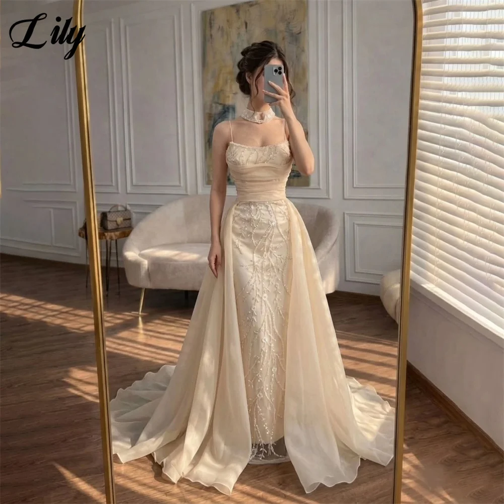 Lily Champagne Evening Dress Thin Strap Matching Choker Party Dresses Sweep Train Prom Gown Beaded robes du soir Customized
