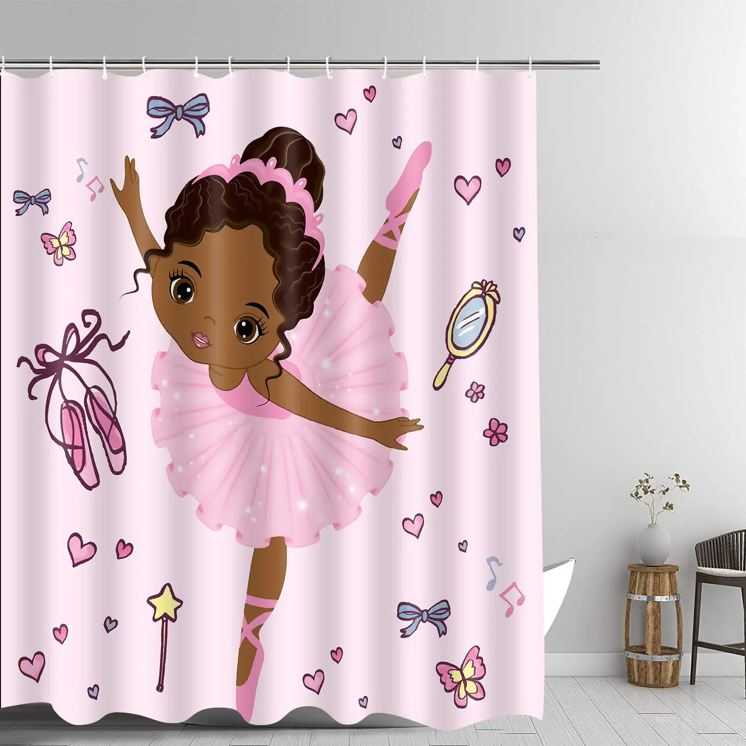 Pink Ballet Shower Curtain African American Cute Ballerina Princess Dancer Bathroom Curtains for Kids Bathrooms Decor 12 Hooks