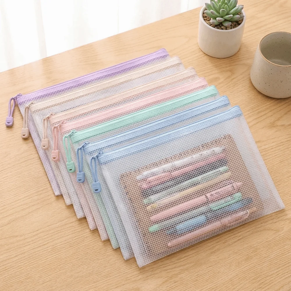 New A4 Size Mesh Zipper Bags Clear Macaron Color Plastic File Organizer Grid Morandi Color File Pouch School - view 4