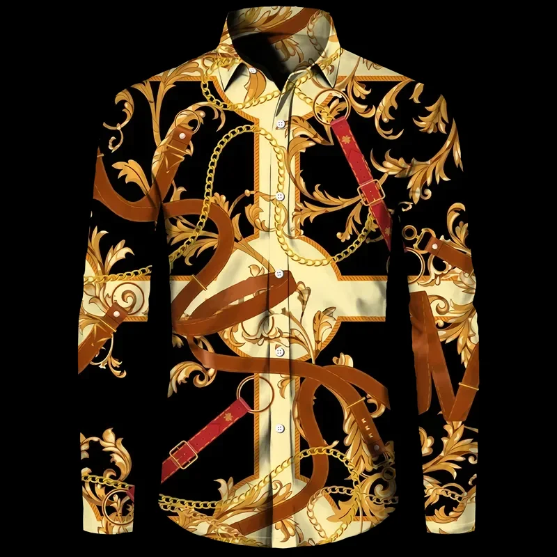 New social party fashion luxury gold print men\'s shirt Baroque style long sleeved lapel button up top Hawaii