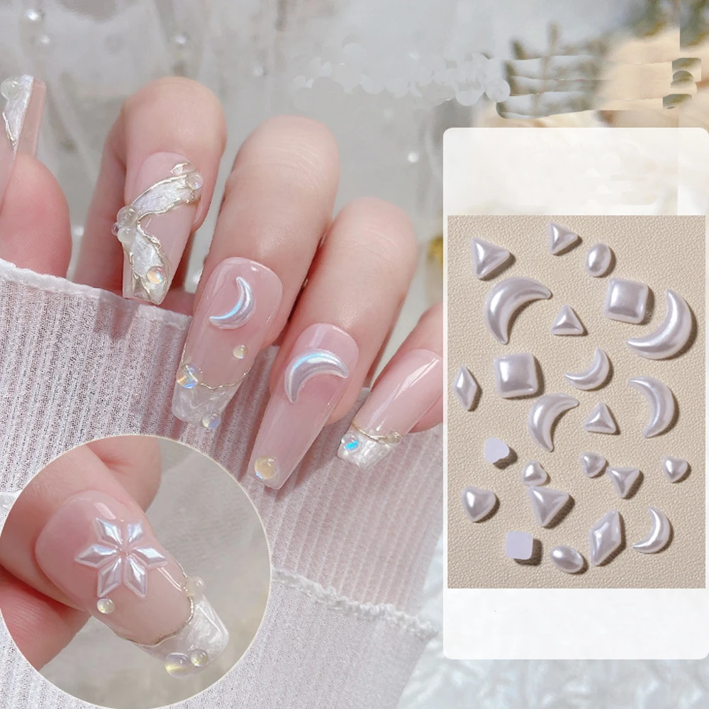 100pcs/bag Geometry Pearl Nail Art Charm 3D Mini Flatback Heart Moon Diamond Shape Pearl Nail Decoration DIY Nail Crafts Jewelry