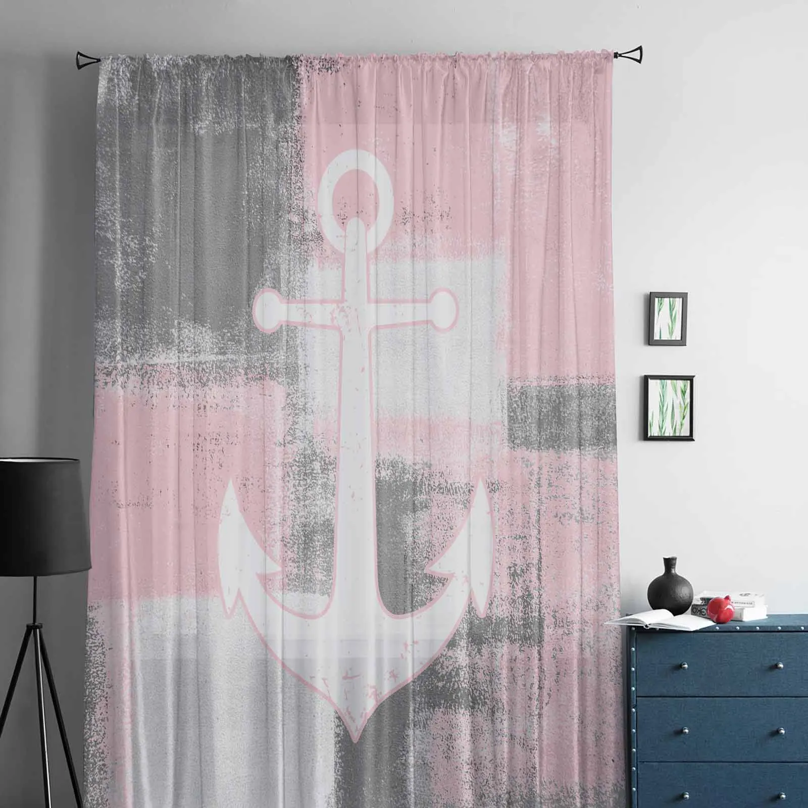 Retro Abstract Paint Ship Anchor Pink Window Tulle Curtains for Living Room Bedroom Hotel Luxury Decoration Sheer Curtains