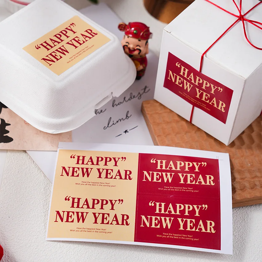 

40pcs/10 sheets Happy New Year Stickers Rectangle Adhesive New Year Decoration Labels for Holiday Card Seal Gifts Party Supplies