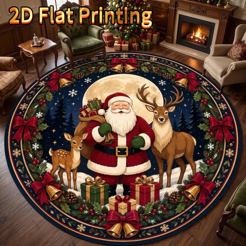 Reindeer Peeking Christmas 3D Hole Illusion Round Rug Wreath Berries Entryway Decor