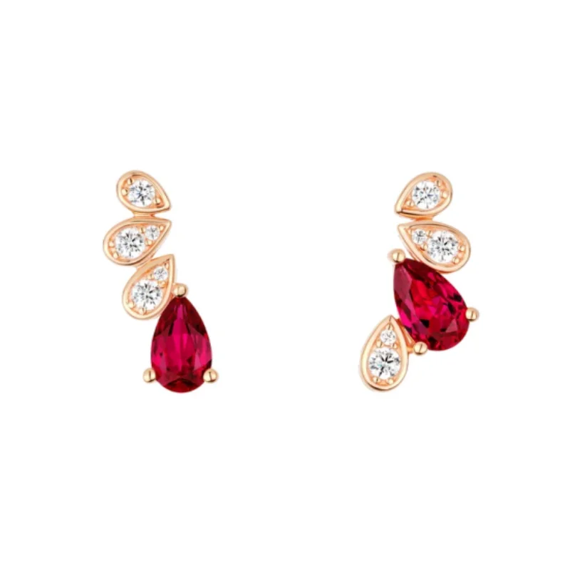 

BELLUX 925 Sterling Silver Gold Plated Asymmetric Red White Ruby Synthetic Zirconia Water Drop Stud Earrings