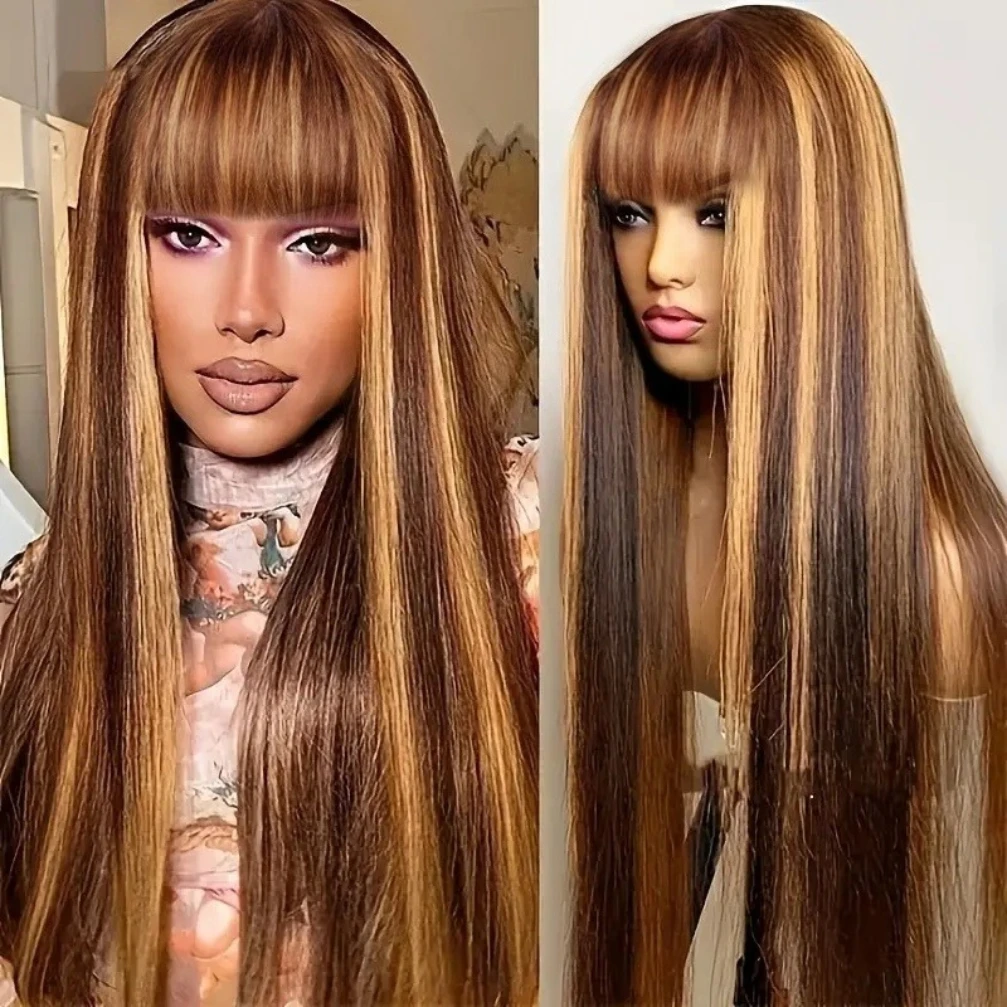

P4/27 Highlight Colored Straight Wig With Bangs Human Hair Wig for Women Highlight Colored Human Hair Wigs Machine Made Wig