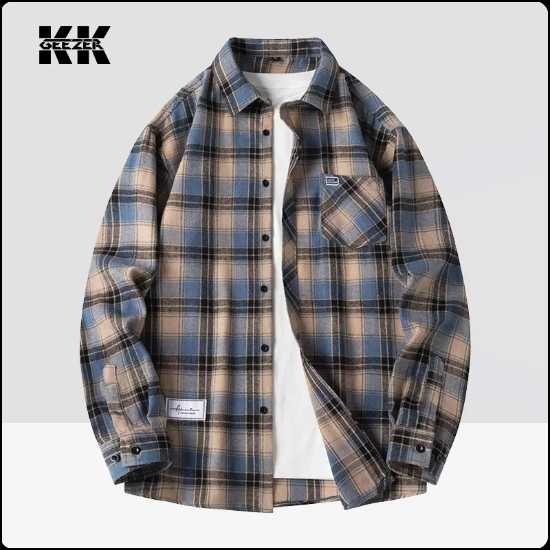 Men Shirt Plaid Flannel Spring Autumn Long Sleeve Blue Loose Mens Casual Shirt Oversized Business Male Soft Dress Shirt