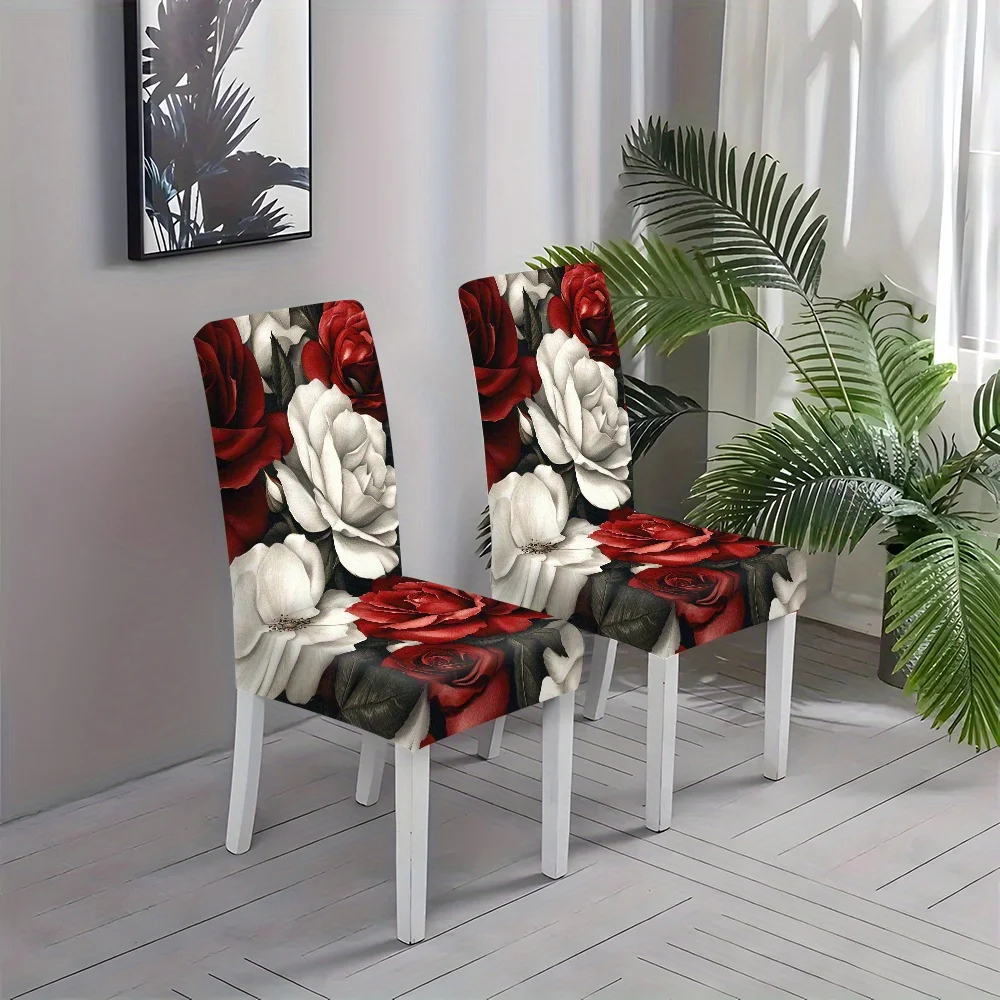 2/4/6pcs Luxury Red White Rose Floral Print Stretch Dining Chair Cover, Removable Washable Chair Slipcover