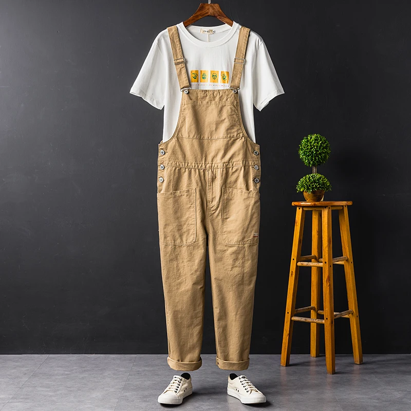 Retro Work Suit Jumpsuit Couple Loose Fitting Straight Pants Large Pocket Thick Casual Overalls Men One-piece Suspenders Trouser