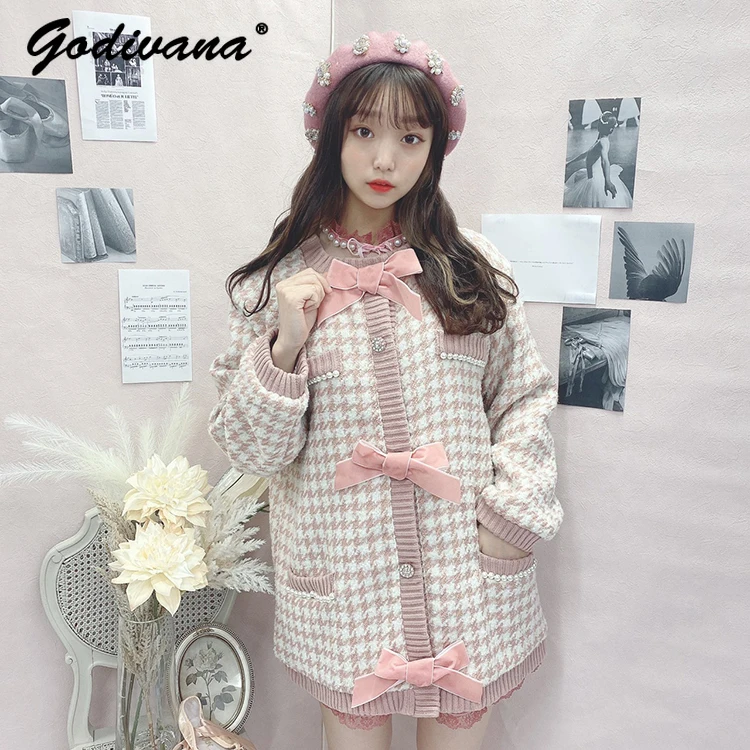 

Japanese Style Sweet Pearl Beaded Bow Decoration Houndstooth Coat Autumn and Winter Women's Knitted Wool Coat Outwear