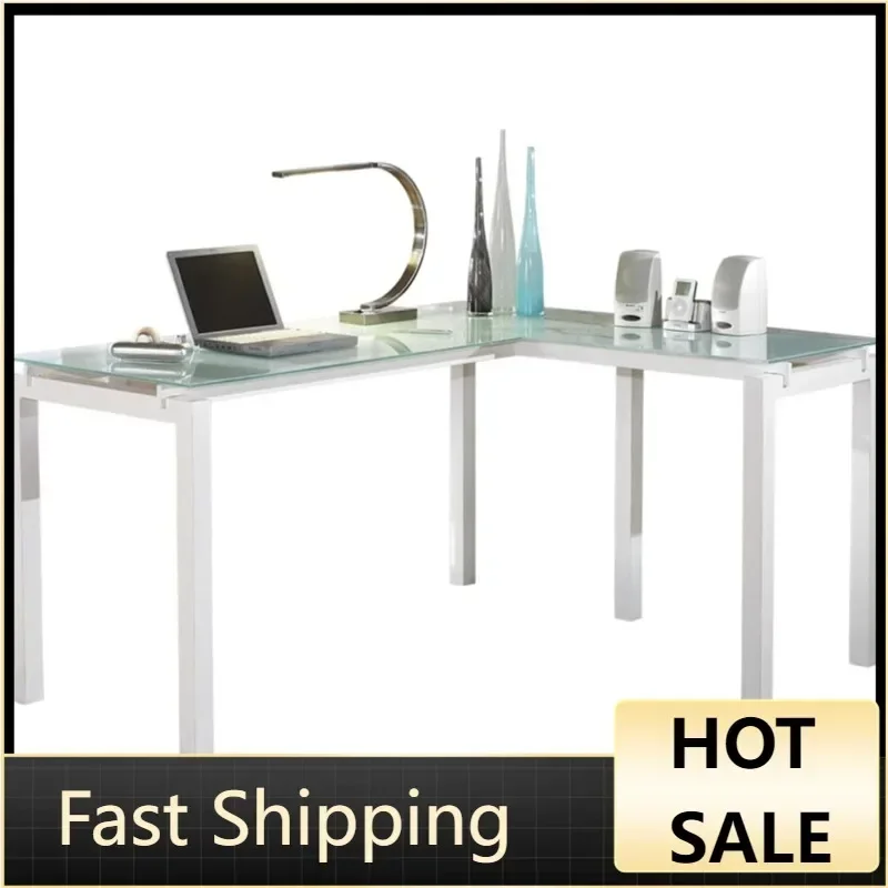 Contemporary Glass L-Shaped Home Office Desk, White