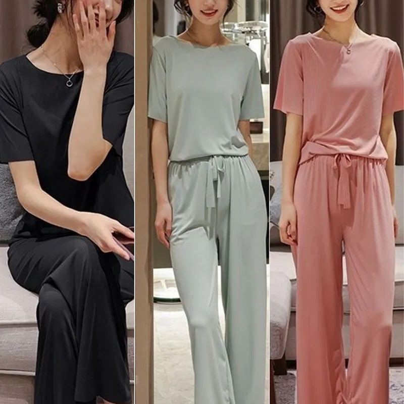 Summer Thin Solid-Coloured Homewear Two-Piece Short-Sleeved Elastic Waist Trousers Lazy Pajamas T-Shirt Casual Trousers Can Be W