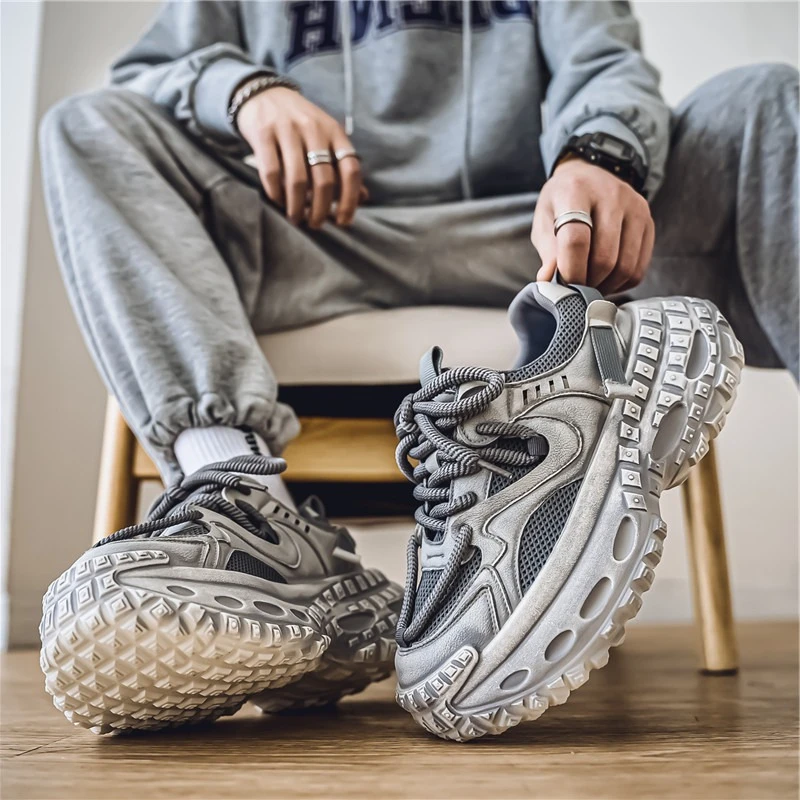 

Men's Grey Chunky Sneakers Retro Mesh & Leather Platform Shoes Non-Slip Thick Sole Trainers for Street Fashion Men Sport Shoes