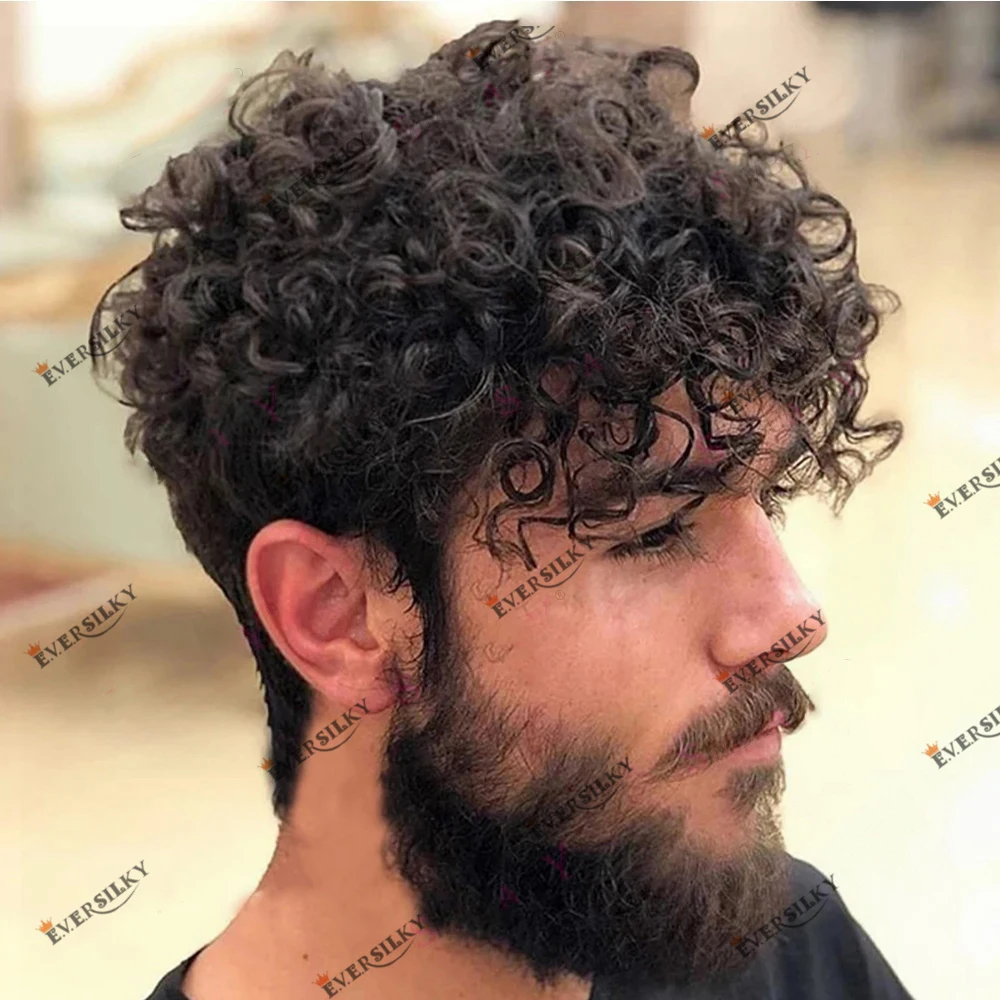 

Super Natural 18MM Curly Human Hair PU Base Men's Toupee Durable Thin Skin 100% Human Hair Capillary Prosthesis Hair Replacement