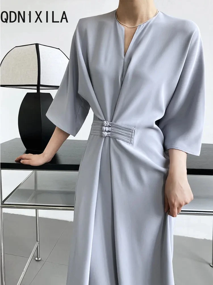 

Women's Summer Dress Fashion Temperament Disc Buckle Waist Tie Straight V-neck Dresses Retro Ethnic Style Women's Long Dress