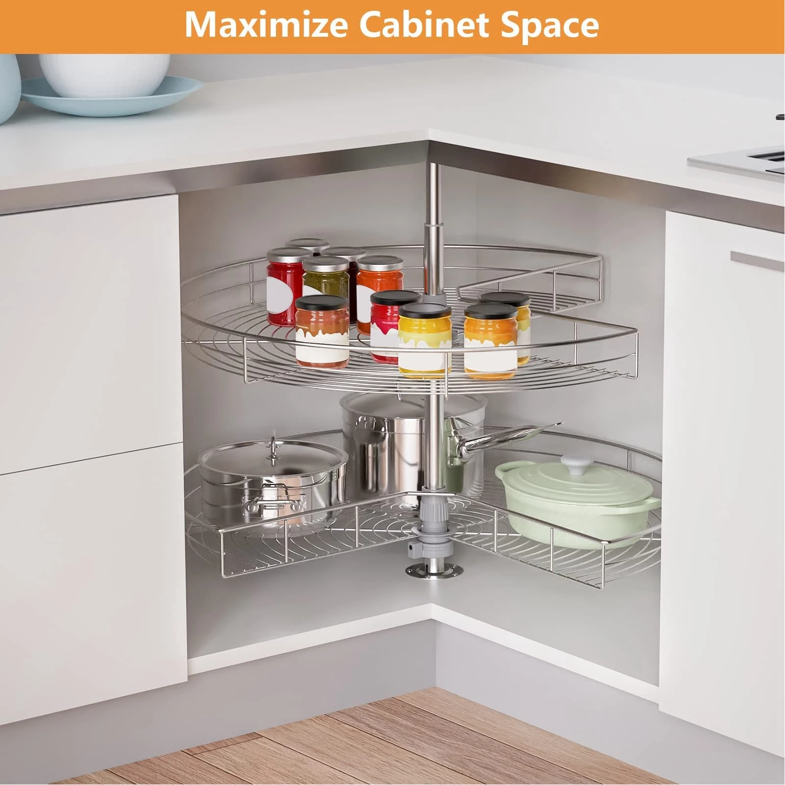 Rotating Corner Shelf Kidney Shaped 270 Degree Storage Holder Basket for Home Kitchen