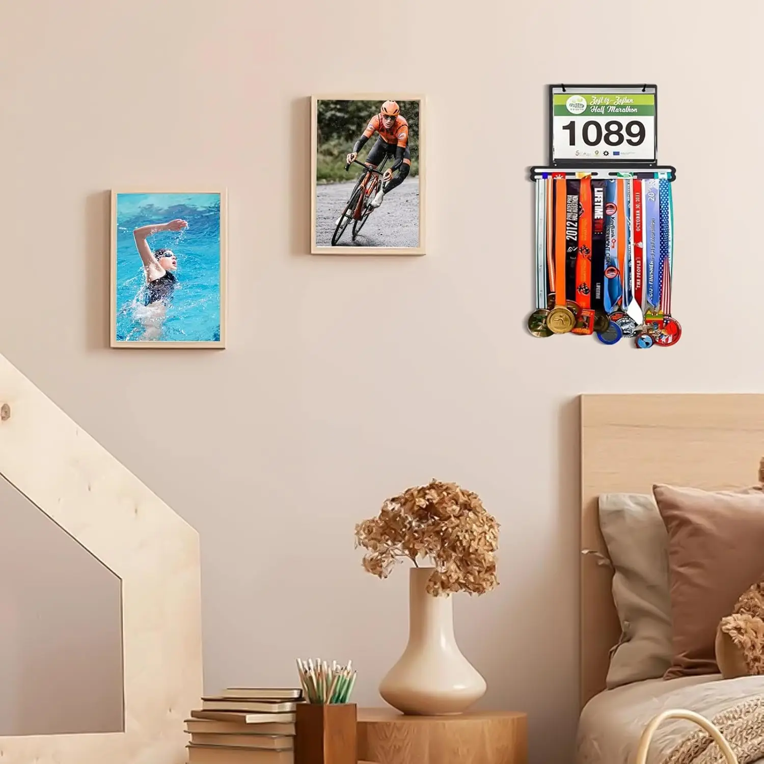 Race Bib and Medal Display Hanger - Holds 40+ Medals & 20 Race Bibs with Flip Vinyl Sleeves, Running Bib Holder, Send to Great G