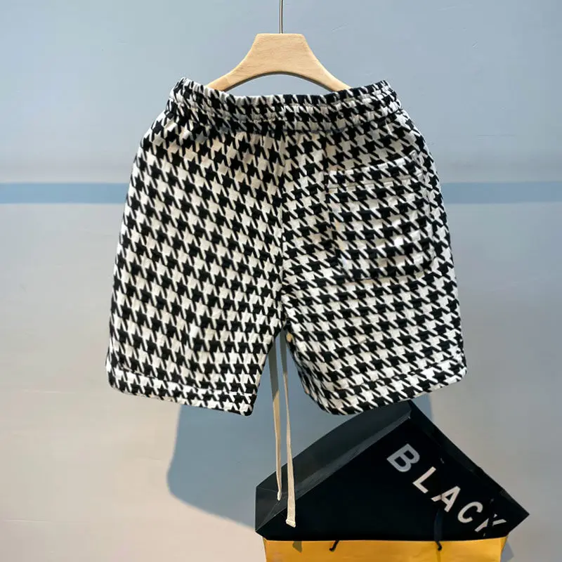 Summer Elastic Waist Fashion Knee Length Shorts Man High Street Casual Loose Plaid Printing Pockets Drawstring Patchwork Pants