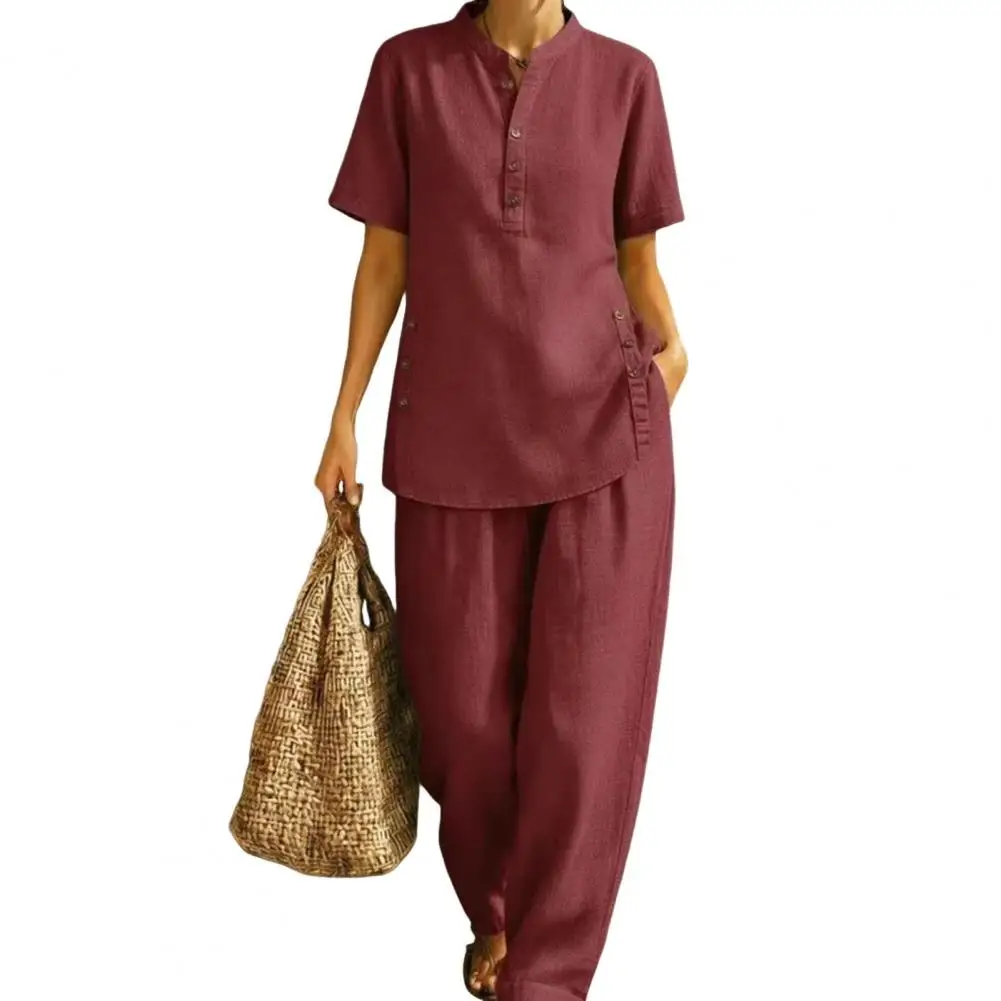 Women Two-piece Set Summer Outfit Women Women's 2 Piece Linen Set Short Sleeve Button-up Top Wide Leg Pants Summer Lounge Outfit