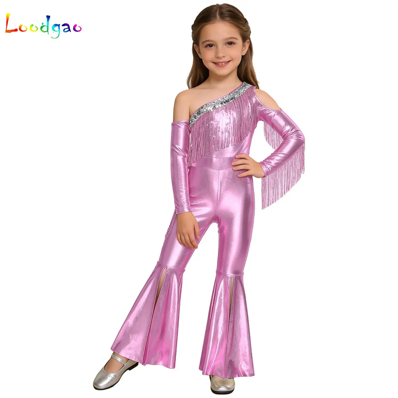 

Kids Girls Halloween Cowgirl Cosplay Costume 70s Disco Dance Jumpsuit Metallic Shiny Sequin Tassel Hippie Bell-bottom Bodysuit
