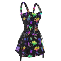 Fashion Summer Dresses 2024 Galaxy Colorful Mushroom Print Lace Up Mini Dress Half Zipper Adjustable Buckle Strap Dress