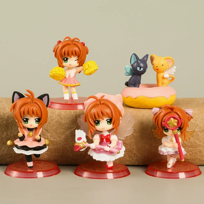 Figurka Magicznej Dziewczyny z Kwiatem Wiśni w Wersji Q, Karta Magiczna, Kinomoto Sakura, 8 Wzorów, Zmieniająca Się Niespodzianka, Ozdoba na Tort, Prezent