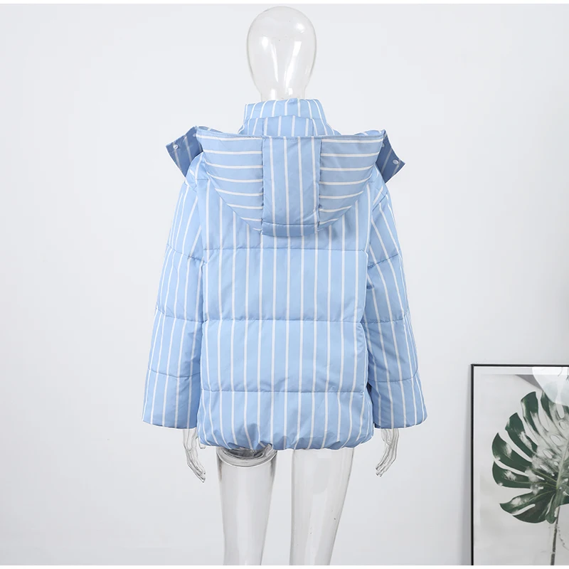 2026 Winter Autumn Stripe Cotton Padded Jacket For Women Warm Long Sleeve Zipper Hooded Coats Lady Street Chic Outdoor Outerwear